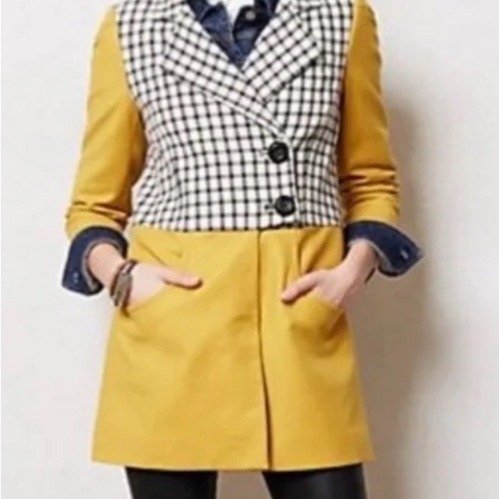 Anthropologie Cartonnier Mustad Yellow Plaid Pea Coat Sz 8